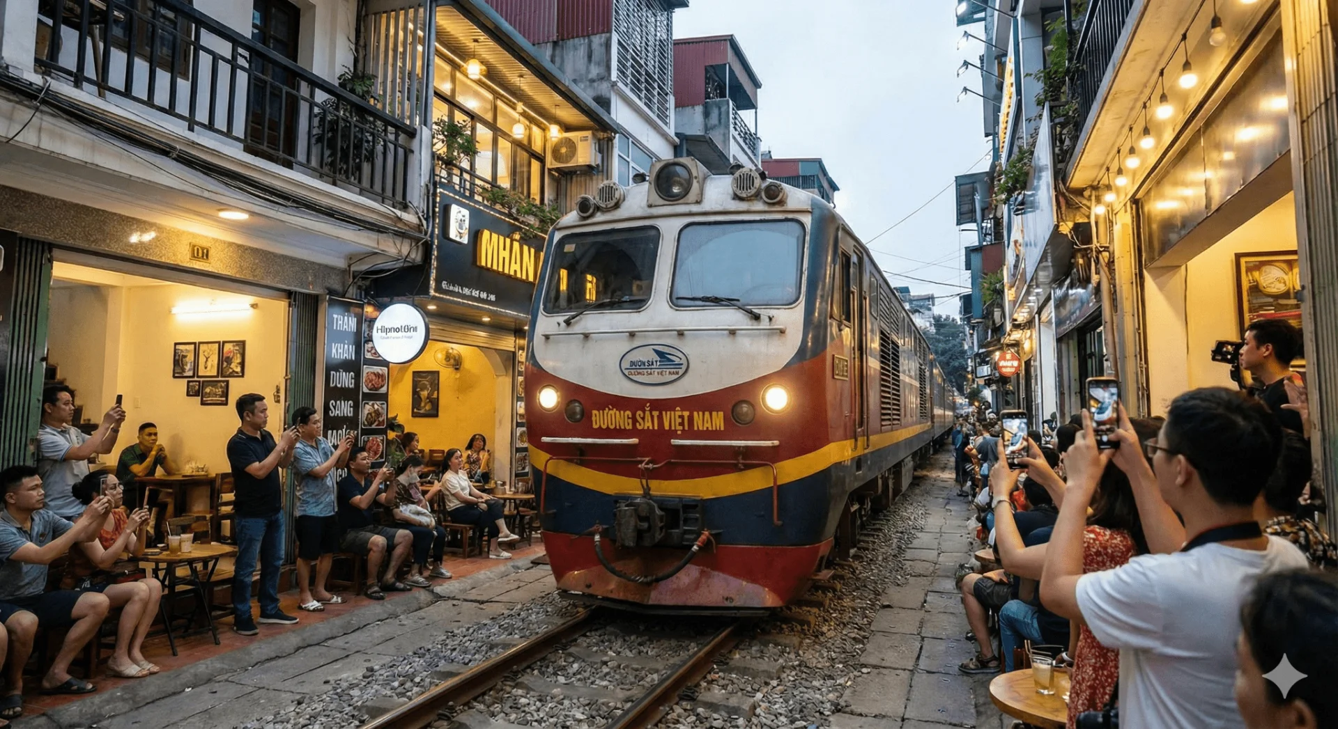 著名的河內火車街，火車近距離駛過狹窄的民宅與路邊咖啡座。