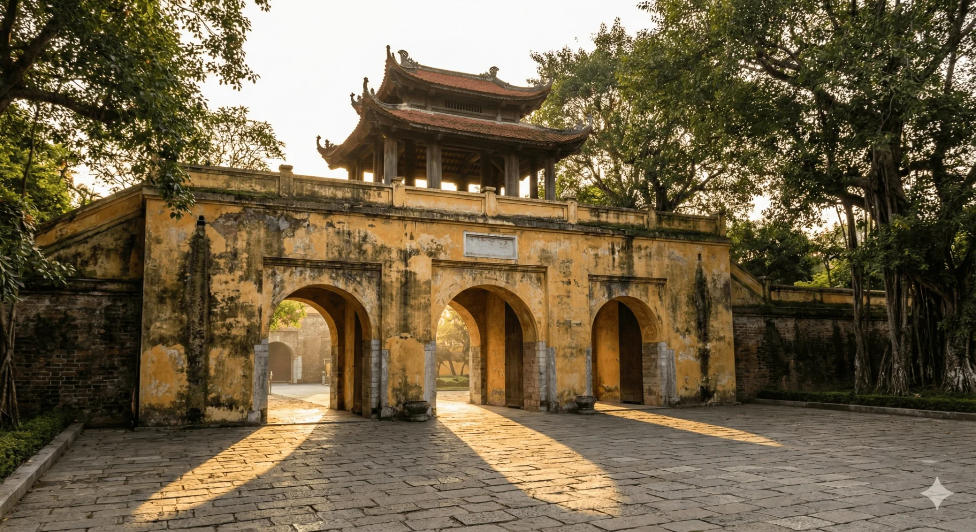 越南世界文化遺產昇龍皇城，雄偉的黃色端門 (Doan Mon Gate) 正面特寫。