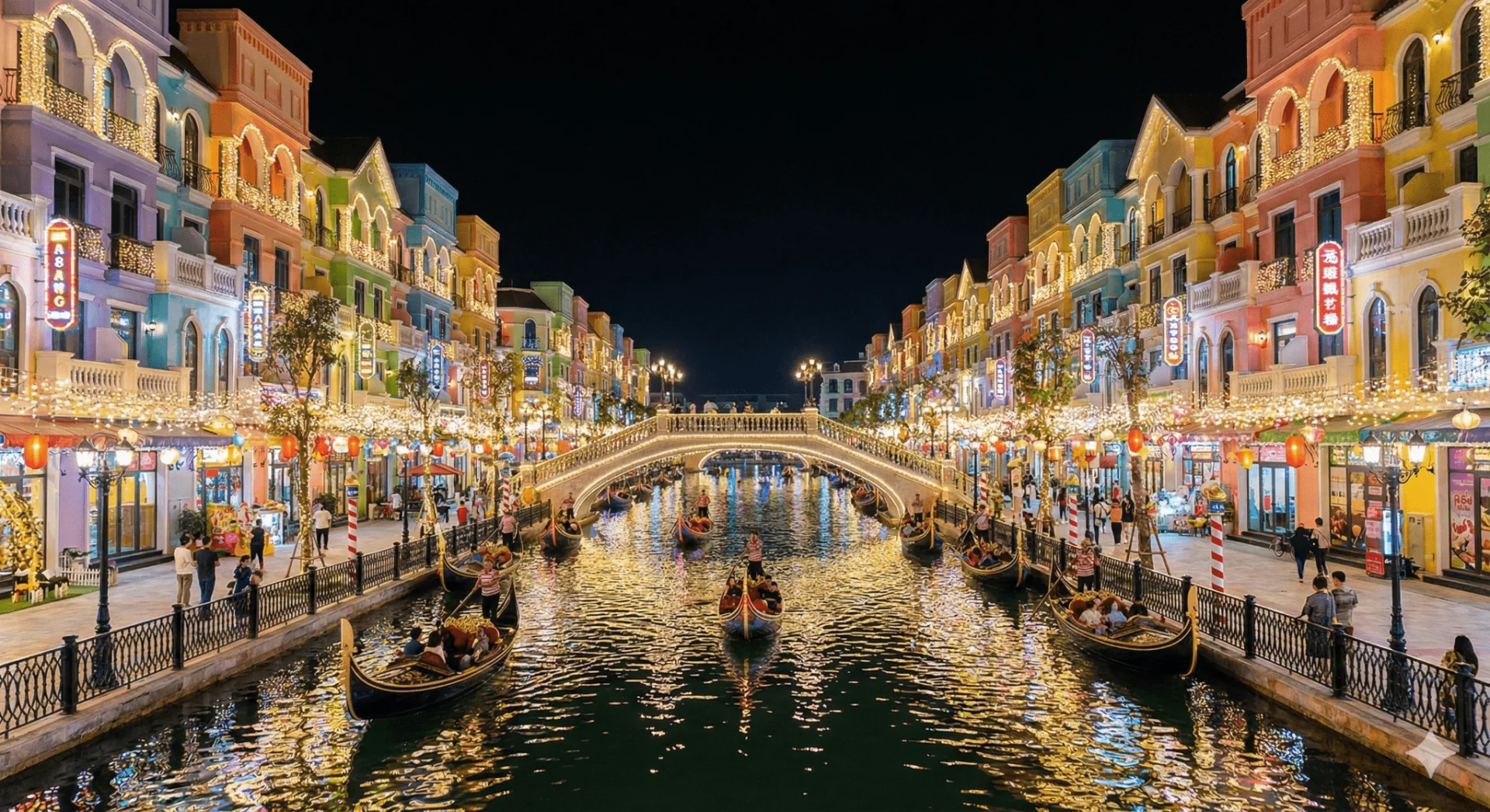 河內 Mega Grand World 夜景，彷彿威尼斯的運河、貢多拉船與色彩繽紛的歐式建築。
