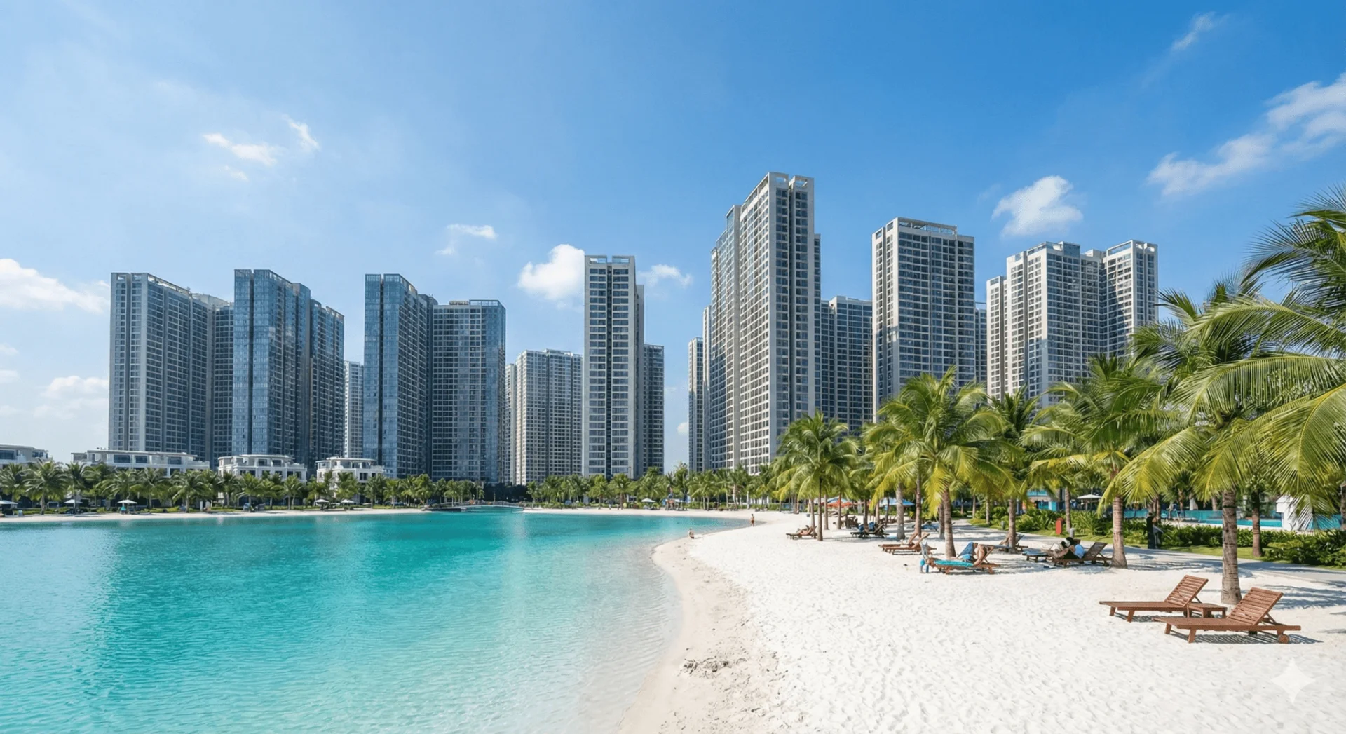 河內 Vinhomes Ocean Park 的人造白沙灘與蔚藍水晶湖，背景為現代摩天大樓。