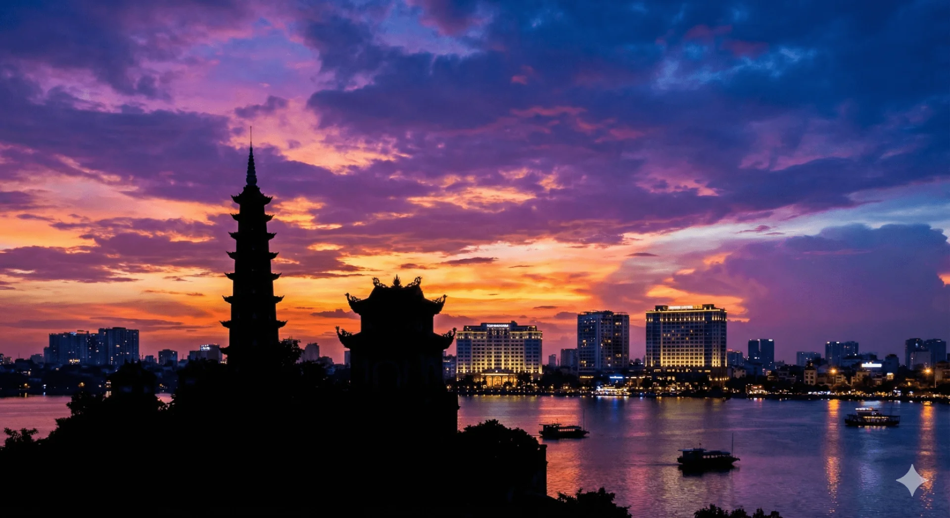 河內西湖 (Tay Ho) 的日落美景，前景為古老的鎮國寺 (Tran Quoc Pagoda) 剪影。