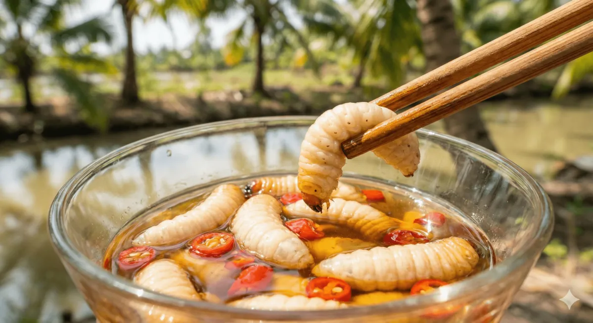 越南湄公河名產活吃椰子蟲 (Đuông dừa),肥碩的乳白色幼蟲浸泡在魚露碗中,極具視覺衝擊力的特殊食材。
