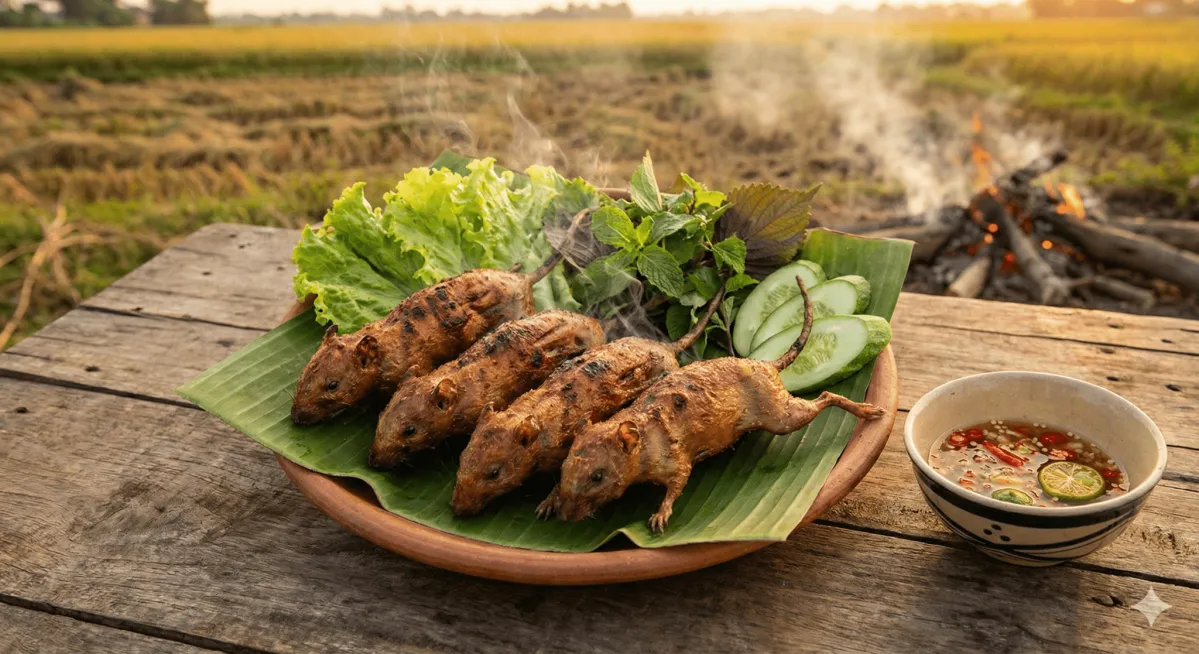越南鄉村料理烤田鼠肉 (Thịt Chuột Đồng),烤至金黃酥脆的田鼠擺盤,外觀類似烤雞肉的在地野味。