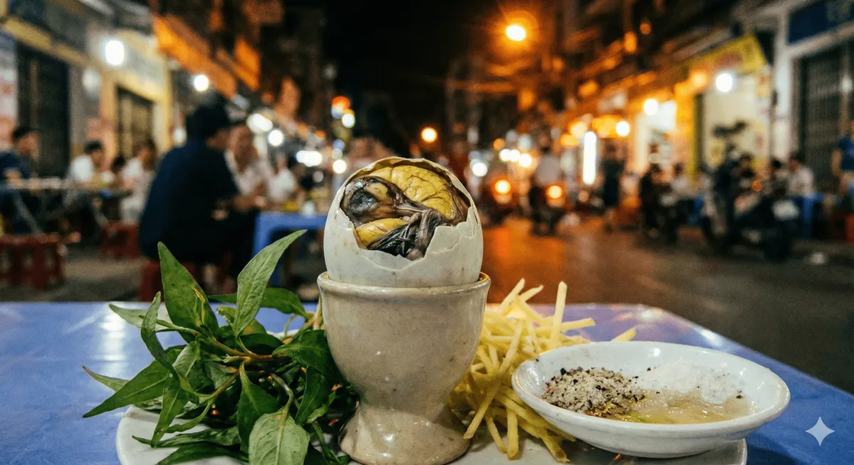 越南街頭恐怖美食鴨仔蛋 (Hột vịt lộn),剝開的蛋殼內可見鴨胚胎,旁邊佐以叻沙葉與薑絲。