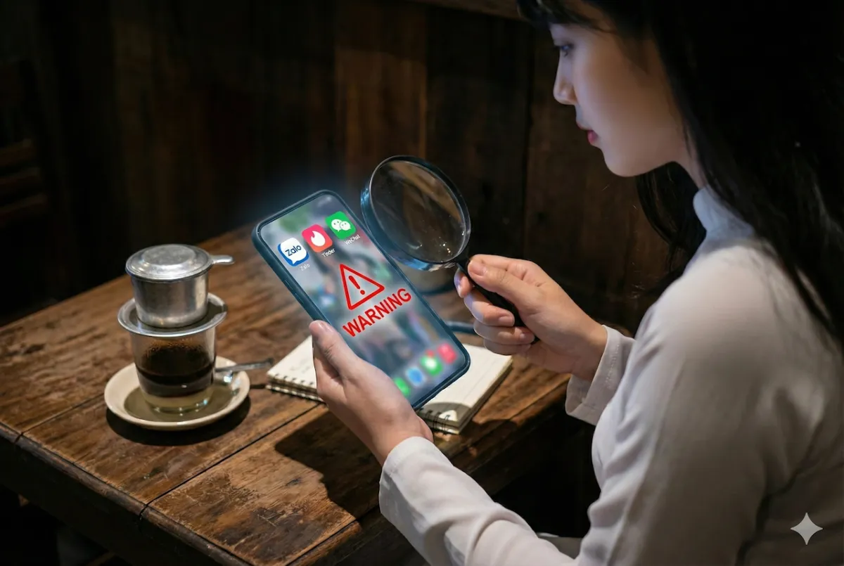 越南旅遊數位詐騙警示,手機螢幕顯示 Zalo、WeChat 與 Tinder 上的交友陷阱與殺豬盤警告。