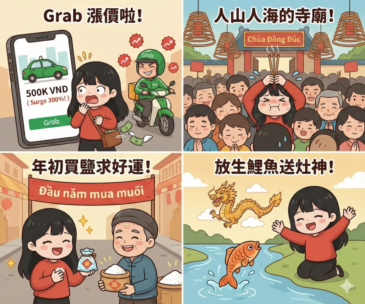 越南過年交通漲價插畫,遊客在擁擠的越南街頭被Grab叫車費率嚇到,背景充滿返鄉人潮與塞車的摩托車陣。