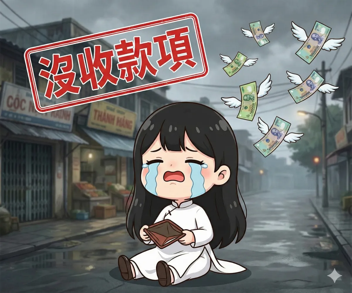越南非法換匯後果:Viet-Go 吉祥物因資金全數被沒收而哭泣,越盾長翅膀飛走示意圖