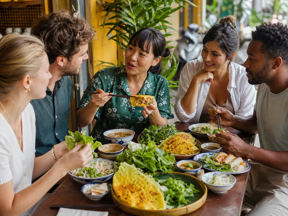 Nhóm du khách cùng người địa phương thưởng thức món ăn Việt Nam